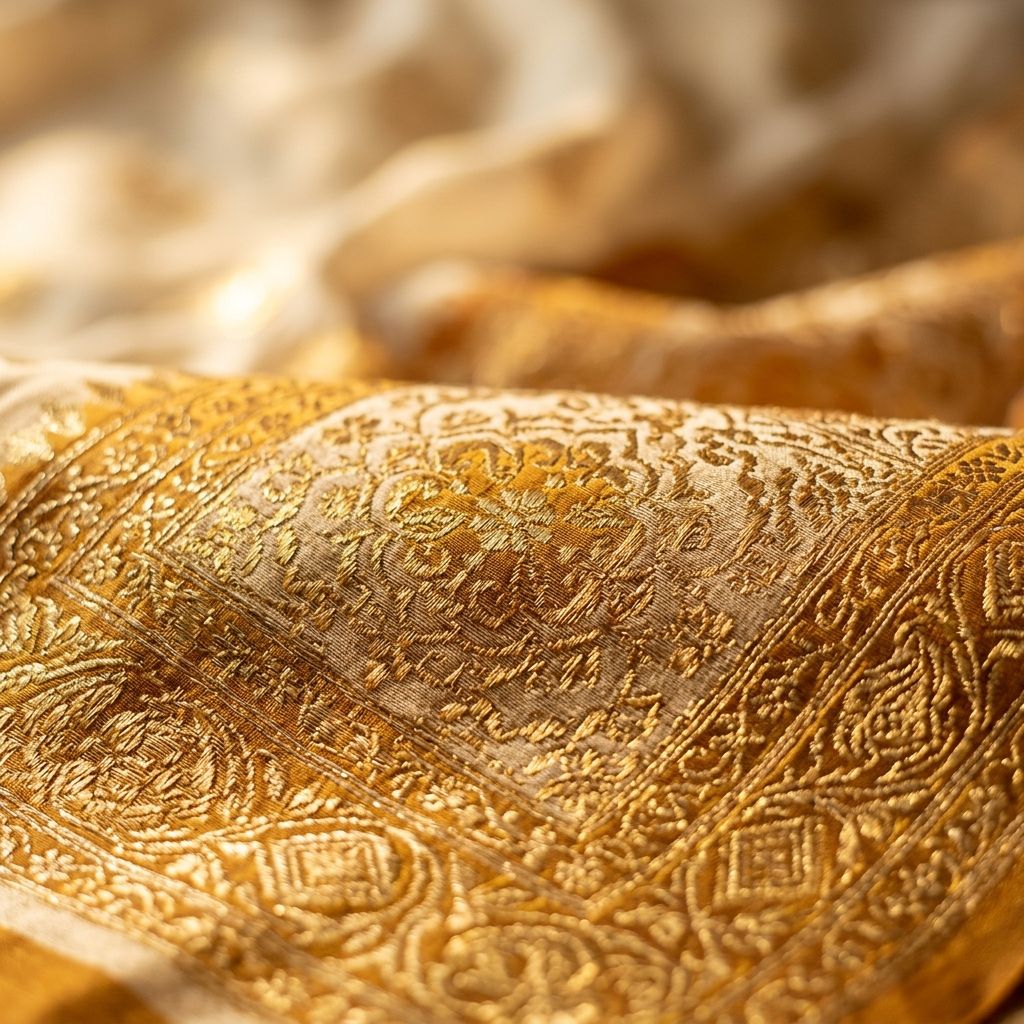 Close-up macro detail of Kota Doria handloom weave showing the intricate cotton and silk thread pattern