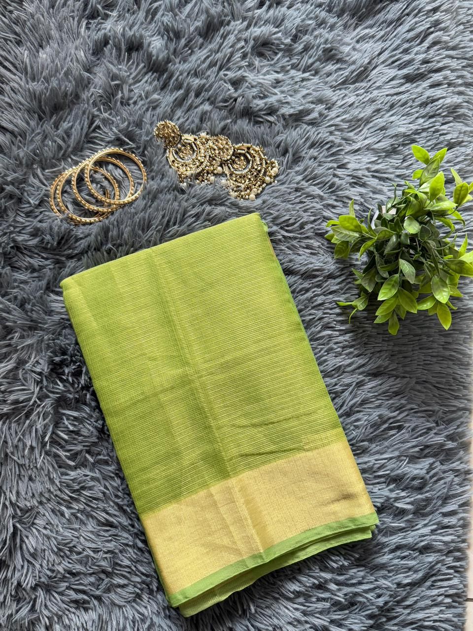 Lime green Kota silk saree with solid gold zari woven border