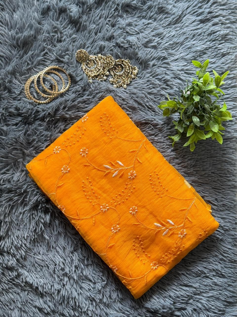 Sunshine yellow Kota Doria saree with embroidered florals on sheer fabric