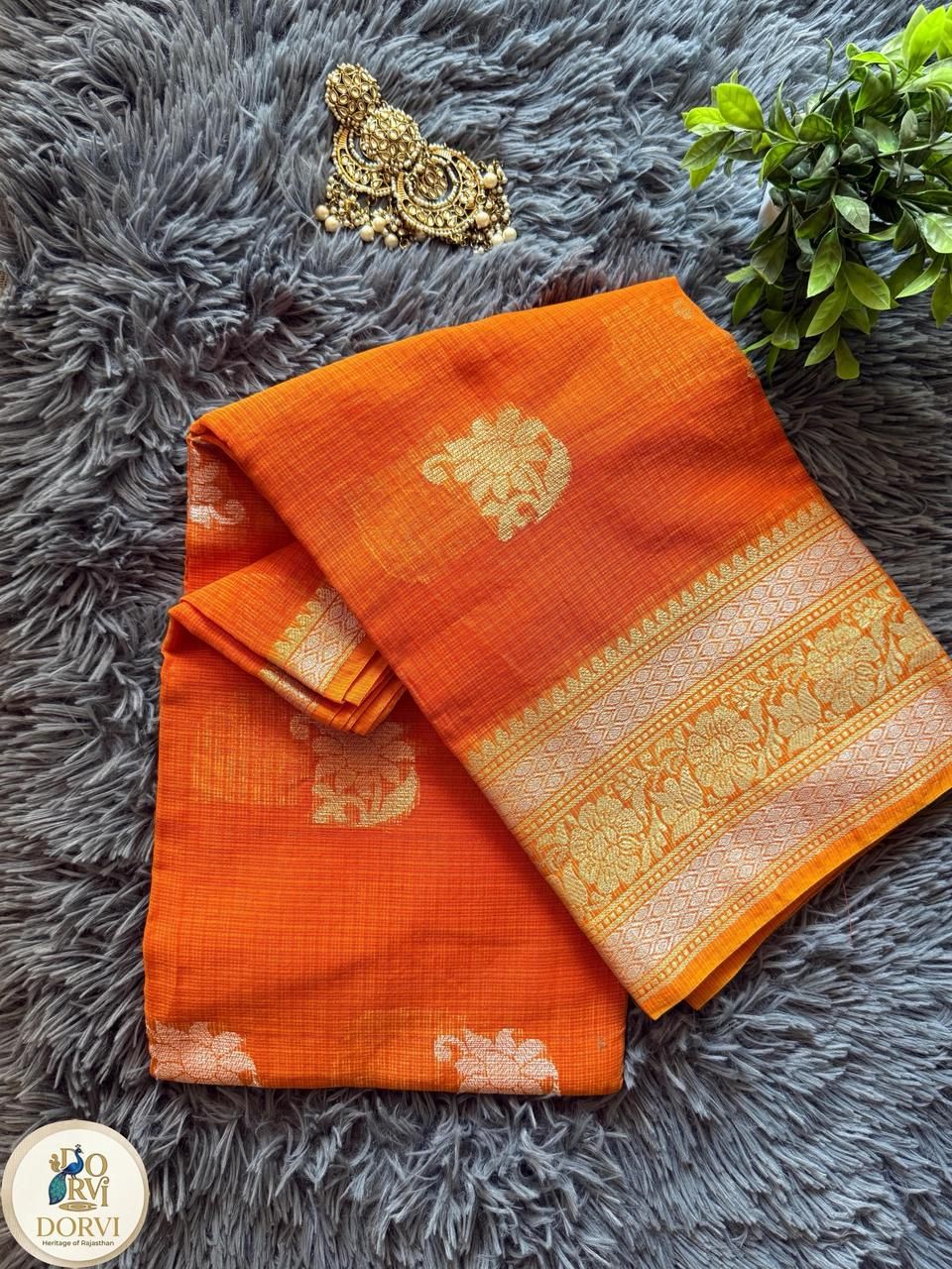 Tangerine orange Kota silk saree with golden zari floral motifs and traditional border — view 2