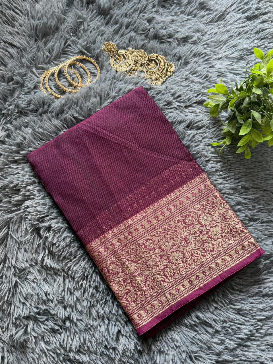 Wine purple Kota saree with golden Banarasi-style zari border